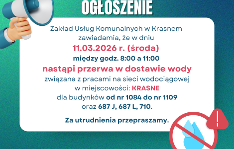 Kopia – Zakład Usług Komunalnych w Krasnem zawiadamia, że w dniu 2 lipca 2024 r. (wtorek) między godz. 800, a 1500 nastąpi przerwa w dostawie wody związana z pracami na sieci wodociągowej w miejsc (1).png